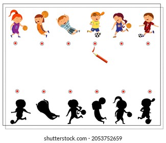 un juego lógico para que los niños encuentren la sombra adecuada. niños de dibujos animados juegan fútbol y baloncesto. vector aislado en un fondo blanco