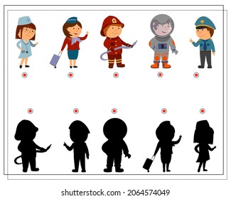 A logical game for children find the right shadow, cartoon children of different professions. vector isolated on a white background