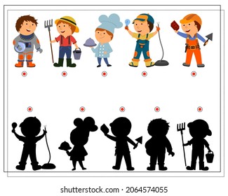 A logical game for children find the right shadow, cartoon children of different professions. vector isolated on a white background