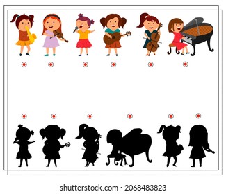 A logical game for children to find the right shadow. children are musicians. vector isolated on a white background.