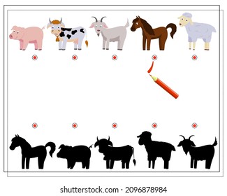 A logical game for children to find the right shadow. Find shade for cute farm animals, goat, sheep, pig, cow, horse. Vector isolated on a white background