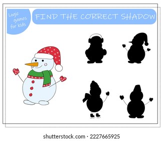 A logical game for children find the right shadow, snowman. vector illustration