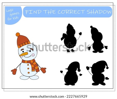 A logical game for children find the right shadow, snowman. vector illustration