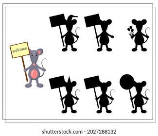 A logical game for children, Find a shadow. cute cartoon rat, vector isolated on a white background.