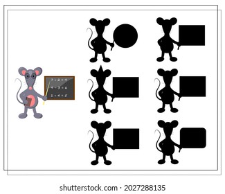 Un juego lógico para niños, Encuentra una sombra. una linda rata de dibujos animados monta sobre un trineo. vector aislado en un fondo blanco.