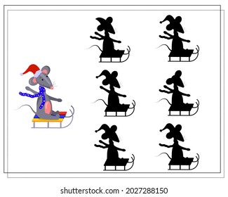 A logical game for children, Find a shadow. a cute cartoon rat rides on a sled. vector isolated on a white background.