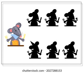 A logical game for children, Find a shadow. cute cartoon rat eating cheese, vector isolated on white background.