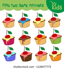 
Logical game for children. Find two identical objects. The cake. Vector illustration