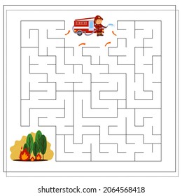 A logical game for children  go through the maze  firefighter extinguishes fire  vector isolated white background