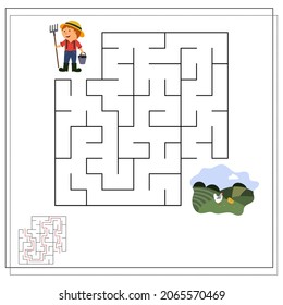 Un juego lógico para los niños, pasar por el laberinto, granjero en el campo. vector aislado en un fondo blanco.