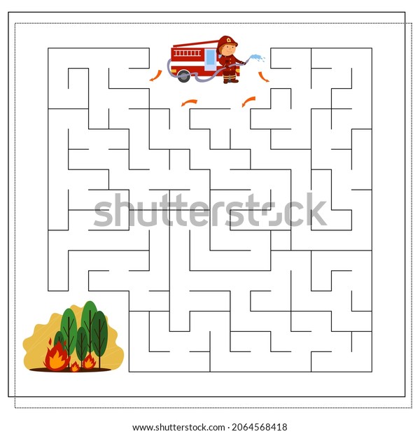 A logical game for children, go through the\
maze, a firefighter extinguishes a fire. vector isolated on a white\
background