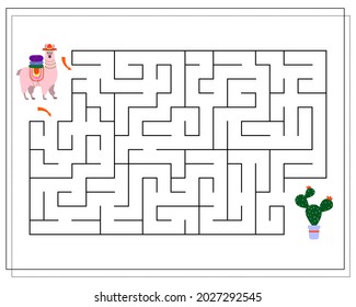 A logical game for children, help the llama to pass the maze and get to the cactus. vector isolated on a white background.