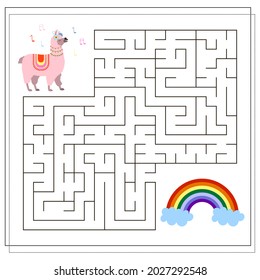 A logical game for children, help the llama to pass the maze and get to the rainbow. vector isolated on a white background