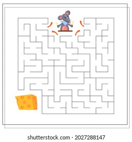 A logical game for children, help the rat to pass the maze and get to the cheese. vector isolated on a white background.