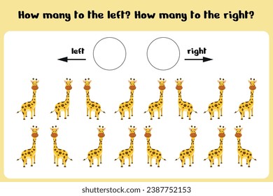 Logical game for children "Left-right". Training sheet. Count how many giraffes are turned left and how many are right. Vector illustration