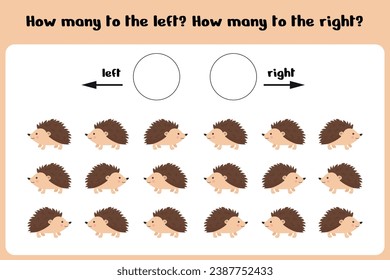 Logical game for children "Left-right". Training sheet. Count how many hedgehogs are turned to the left and how many to the left. Vector illustration