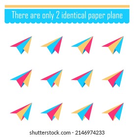 Logical game for children. Need to find two identical paper plane. Visual intelligence. Vector illustration.