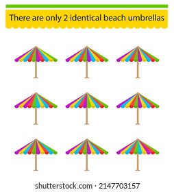 Logical game for children. Need to find two identical beach umbrellas. Visual intelligence. Vector illustration.