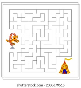 A logical game for children, pass the maze. tiger in the circus. vector isolated on a white background.