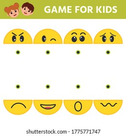 Logical Game for children. Smile  with its emotions. Angry, sad, cunning, happy and surprised. Developing kids attentiveness. Printable worksheet