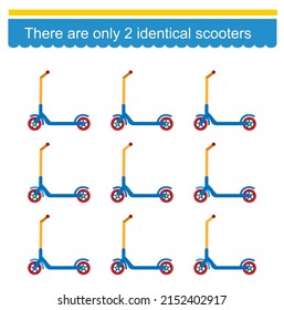 Logical game for kids. Need to find two identical scooters. Visual intelligence. Vector illustration.