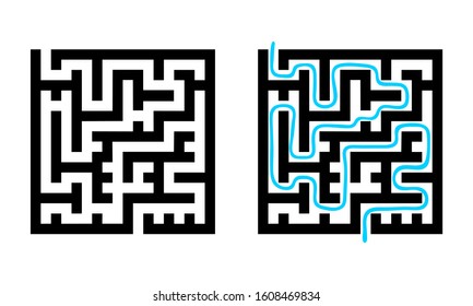 Logical game with solution. Children maze. Labyrinth with black lines on white background. Vector illustration.
