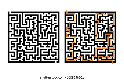 Logical game with solution. Children maze. Square labyrinth with entry and exit. Black lines on white background. Vector illustration.
