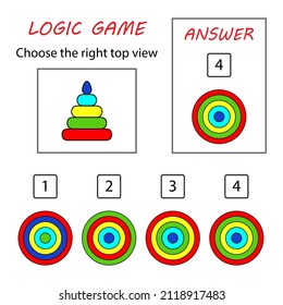 Logical game top view toy pyramid. Education card for kids. 