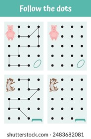 Logical games, educational activities for kids. Printable tracing, handwriting, dot to dot page with cute ghosts, activity for toddlers, kindergarten, homeschooling. Preschool learning writing page.