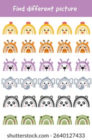 Logical games, educational activities for kids. Learning games for preschool, kindergarten. Find different picture. Printable worksheets, teacher resources. Training focus, attention, concentration.