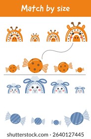 Logical games, educational activities for kids. Learning games for preschool, kindergarten. Match by size, big small. Printable worksheets, Training focus, concentration, attention, teacher resources.