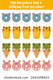 Logical games, educational activities for kids. Learning games for preschool, kindergarten. Find different picture. Printable worksheets, teacher resources. Training focus, attention, concentration.