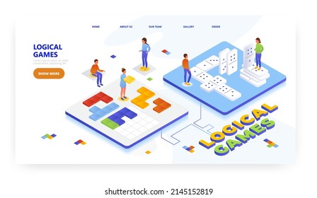 Logical games, landing page design, website banner vector template. Kids playing domino, puzzle. Preschool education.