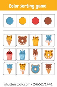 Logical games, learning colors, match the objects with the same color. Color sorting game. Printable worksheets activities for preschool education, kindergarten, homeschooling. Teacher resources.