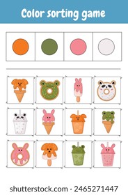 Logical games, learning colors, match the objects with the same color. Color sorting game. Printable worksheets activities for preschool education, kindergarten, homeschooling. Teacher resources.