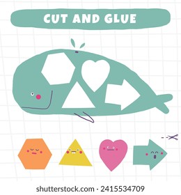 Logical learn shapes game for kids. Cute hand drawn doodle funny geometric characters shapes puzzle. Educational worksheet, mind task, riddle, strategy quiz, mental teaser, challenge, iq toy, brain tr