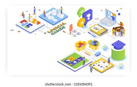 Logical learning games for kids, vector isometric illustration. Online trivia quiz, domino, word search puzzle games.