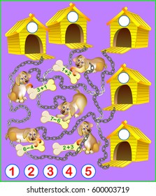 Logical math exercises for kids. Need to solve examples, find a house for every puppy and write the numbers in relevant circles. Vector cartoon image.