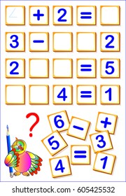 Logical math exercises for kids. Need to find the missing details, solved examples and write the numbers in relevant places. Vector cartoon image.