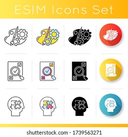 Logical mind icons set. Creative process of engineer and designer. Assessement of project. Evaluate logical conclusion. Linear, black and RGB color styles. Isolated vector illustrations