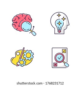 Logical mind RGB color icons set. Brainstorming for project. Idea generation. Analytical mindset. Fresh insight. Creative process. Evaluation and assessment of task. Isolated vector illustrations