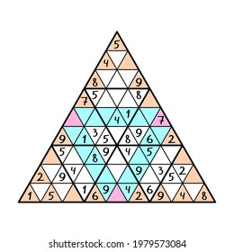 Logical number puzzle - unusual triangular sudoku colorful vector illustration. Full each big triangle, each orange and blue lines by numbers - use from 1 to 9 just once. Educational children game