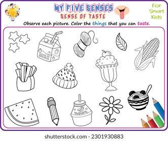 A logical printable science worksheet to help kids identify things in their environments they can taste, Color the objects that they can taste 
