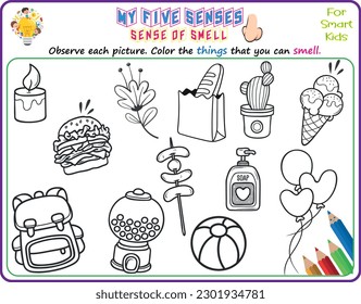 A logical printable science worksheet to help kids identify things in their environments they can smell, Color the objects that they can smell for kindergarten 