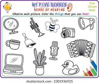 A logical printable science worksheet to help kids identify things in their environments they can hear, Color the objects that they can hear for kindergarten 