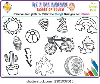 A logical printable science worksheet to help kids identify things in their environments they can touch, Color the objects that they can touch for kindergarten 