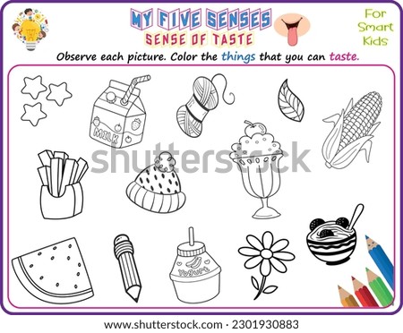 A logical printable science worksheet to help kids identify things in their environments they can taste, Color the objects that they can taste 
