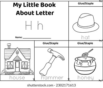 Logical printable worksheet alphabet beginning sounds flip book in black and white.Letter H, hat, house, hammer, honey