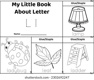 Logical printable worksheet alphabet beginning sounds flip book in black and white.Letter L, ladybug, leaf, ladder, lamp