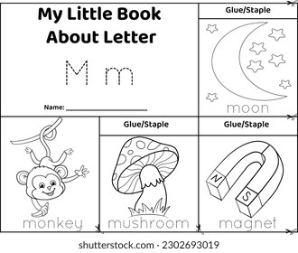 Logical printable worksheet alphabet beginning sounds flip book in black and white.Letter M, monkey, mushroom, magnet, moon